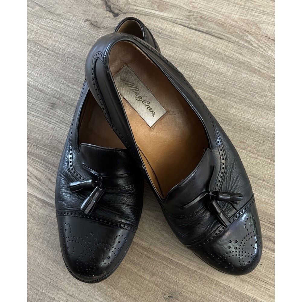 Mezlan Havana Black Dress Shoes Mens 10 M Leather Tassel Brogue Cap Toe Loafers